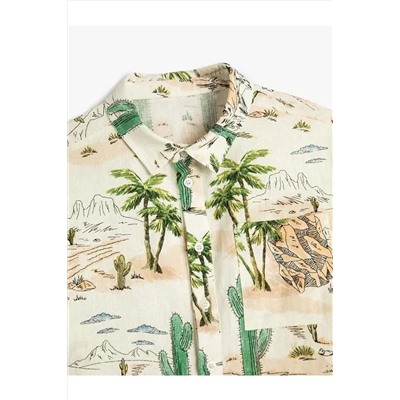 Льняная рубашка для мальчиков с коротким рукавом и одним карманом с рисунком кактуса KTNEC.00857