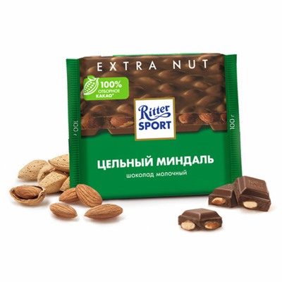 Шоколад RITTER SPORT "Extra Nut", молочный, с цельным миндалем, 100 г, Германия, 7036