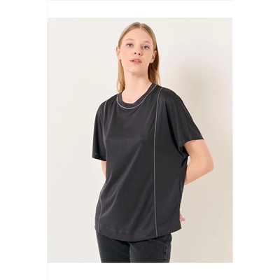 Черная удобная футболка с коротким рукавом с круглым вырезом 23WT140001