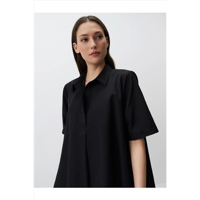 Черное базовое платье с рубашечным воротником и короткими рукавами