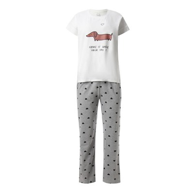 Комплект женский домашний «Такса» (футболка, брюки), цвет белый/серый, размер 44
