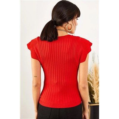 Женская красная трикотажная блузка с рукавами-бабочками и V-образным вырезом BLZ-19001017