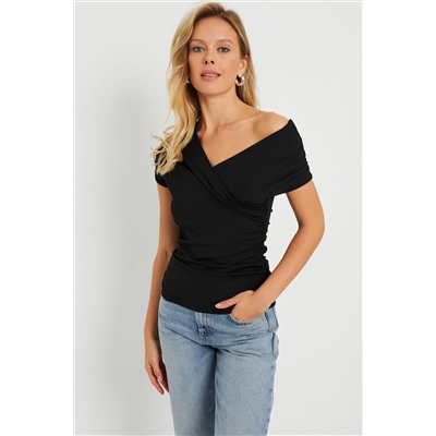 Женская двубортная блузка со сборками, черная EY2725