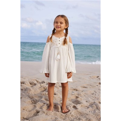 Cream Embroidered Cold-Shoulder Dress (3-16yrs)