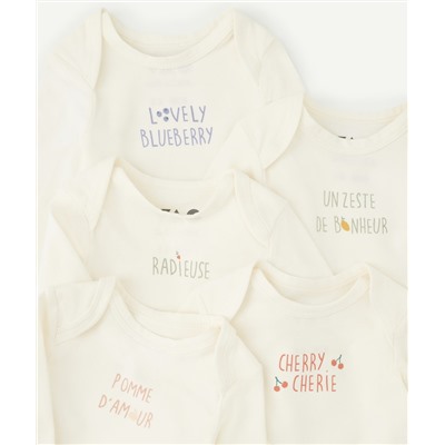 LOT DE 5 BODIES EN COTON BIOLOGIQUE BLANCS AVEC MESSAGE