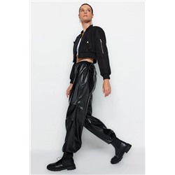 Черные кожаные тканые брюки с высокой талией TWOAW24PL00077