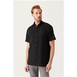 Черная рубашка с воротником на пуговицах, 100% хлопок, тонкий, с короткими рукавами, стандартная посадка