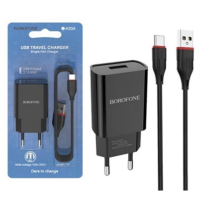 Сетевой адаптер питания BOROFONE BA20A 1USB 2.1A + кабель Type-C (черный)