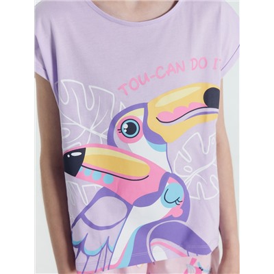 Комплект для девочек (футболка, шорты) лилово-розовый с птичками