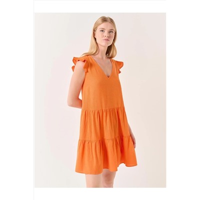 Оранжевое мини-льняное платье без рукавов с V-образным вырезом