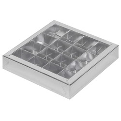 Коробка для конфет 16 шт с пластиковой крышкой Серебро 200х200х30