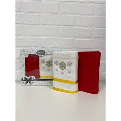 Набор салфеток Новый год вафля + махра 2 шт (40*60) красный+ снежинки 100% хлопок в коробке