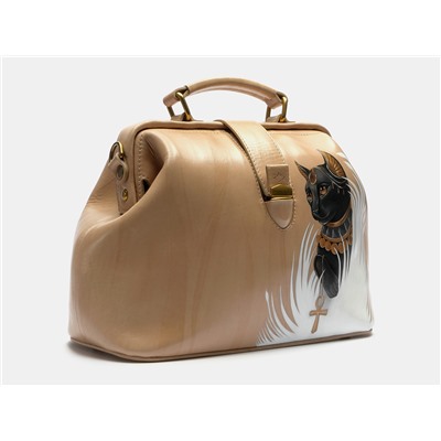 Бежевая кожаная сумка с росписью из натуральной кожи «W0023 Beige Египетская кошка»