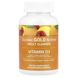 California Gold Nutrition, Жевательные мармеладки с витамином D3, лимон, апельсин и клубника, 2000 МЕ, 90 вегетарианских жевательных мармеладок (1000 МЕ на жевательную таблетку)