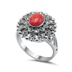 Серебряное кольцо с кораллом и марказитом