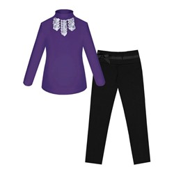 Школьный комплект для девочки  с фиолетовой водолазкой (блузкой) и черными брюками с бантом