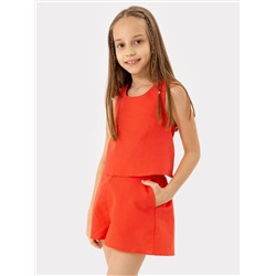 Комплект для девочек (топ, шорты) в ярко-красном цвете, из льна и хлопка