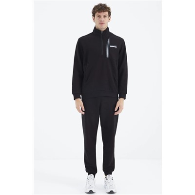 TOMMYLIFE Черный удобный мужской спортивный костюм с воротником-стойкой, полумолнией и потайным карманом - 85221