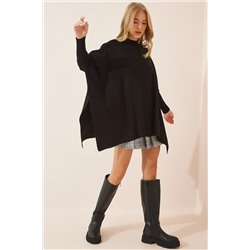 Женский черный свитер-пончо оверсайз с боковыми разрезами YY00005