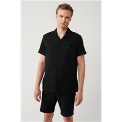 Черная хлопковая текстурированная рубашка обычного кроя с открытым воротником и короткими рукавами