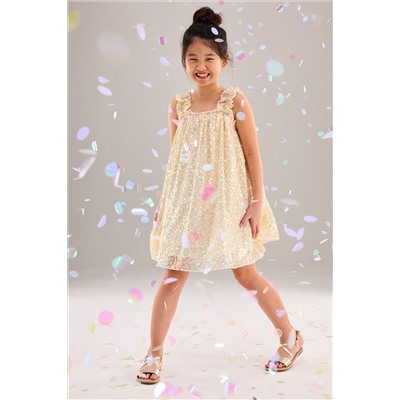 Neutral/ Iridescent Sequin Gathered Strappy Party Dress (3-14yrs)