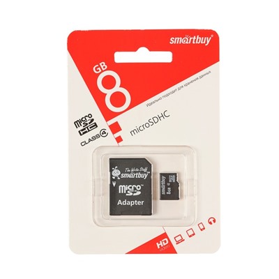 Карта памяти Smartbuy microSD, 8 Гб, SDHC, класс 4, с адаптером SD