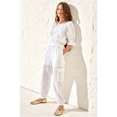 Angel & Rocket Cleo Broderie Cargo White Trousers