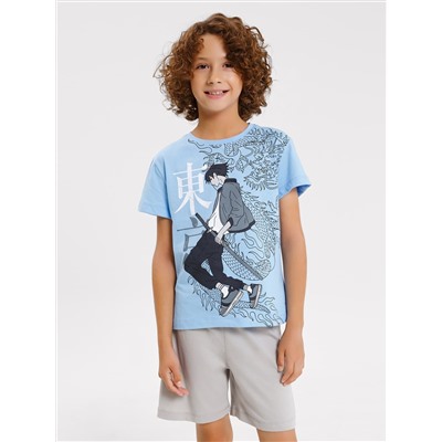 Комплект для мальчиков (футболка, шорты) голубой с печатью