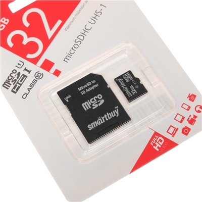 Карта памяти Smartbuy microSD, 32 Гб, SDHC, UHS-I, класс 10, с адаптером SD