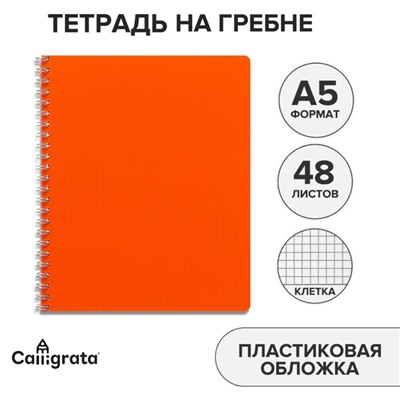 Тетрадь A5, 48 листов в клетку, на гребне, Calligrata, пластиковая обложка, блок офсет, оранжевая