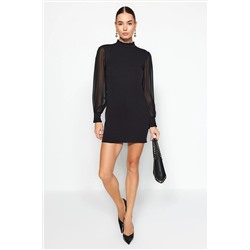 Черное шифоновое мини-платье с прямыми рукавами и деталями TWOAW24EL00303