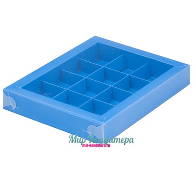 Коробка для конфет 12шт с пластиковой прозрачный крышкой СИНЯЯ 190х150х30