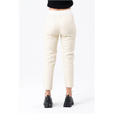 23076-Женские эластичные кожаные брюки с высокой талией - экрю