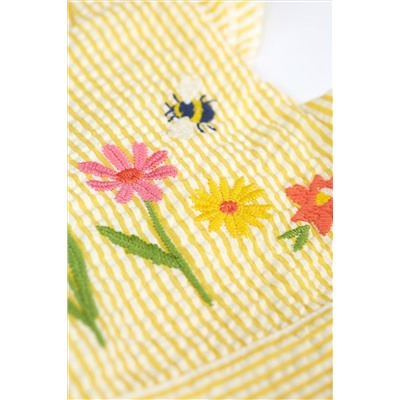 Frugi Yellow Seersucker Flower Detail Dress