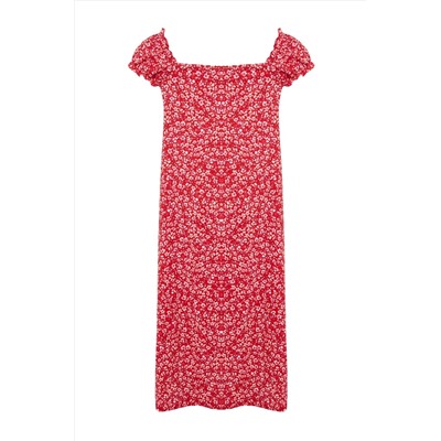 Вязаное платье с красным цветочным узором и воротником-сердечком TBBSS23AH00125