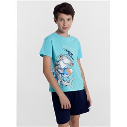 Комплект для мальчиков (футболка, шорты) бирюзовый с печатью