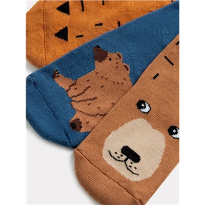 Носки детские мультипак (3 шт.) сине-коричневые с рисунком в виде медведей и черточек
