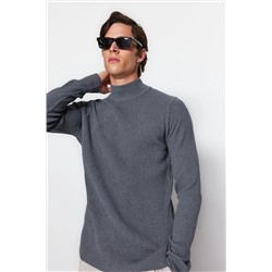 Темно-серый мужской приталенный вельветовый трикотажный свитер с полуводолазкой TMNAW21KZ0553
