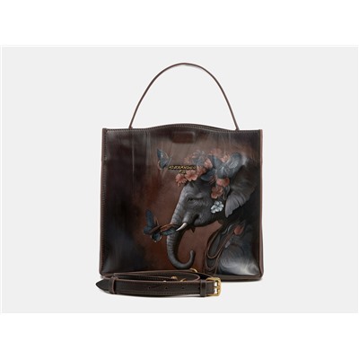 Коричневая кожаная сумка с росписью из натуральной кожи «W0027 Brown Слон в цветах»