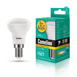 Нарушена упаковка.   Светодиодная лампа E14 6W 3000К (теплый) R50 Camelion  (11658) LED6-R50/830/E14