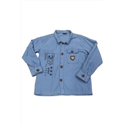 Сезонная синяя льняная рубашка с армейским текстовым узором и сложенными рукавами для мальчика IRM2142C