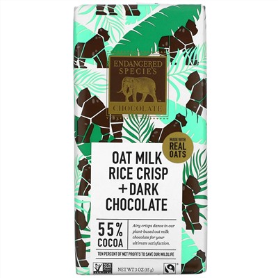 Endangered Species Chocolate, Овсяное молоко, рисовые чипсы + темный шоколад, 55% какао, 3 унции (85 г)