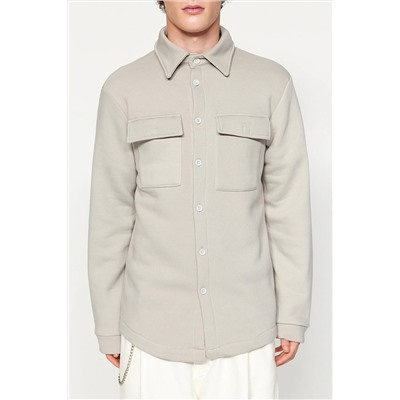 Серая мужская рубашка обычного/нормального кроя с воротником, карманами с клапанами и флисовой рубашкой внутри TMNAW23GO00053