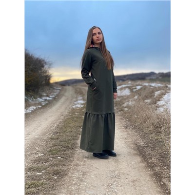 Длинное платье в русском стиле/хаки 06