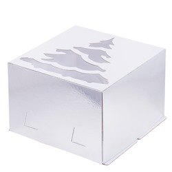 Коробка для торта с окном "Ёлка" 300х300х190 Серебро