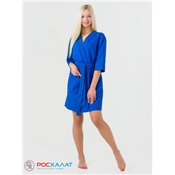 Женский укороченный вафельный халат с планкой синий В-01 (16)