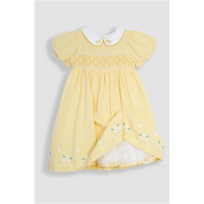 JoJo Maman Bébé Daisy Embroidered Peter Pan Smocked Party Dress