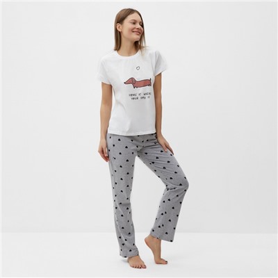 Комплект женский домашний «Такса» (футболка, брюки), цвет белый/серый, размер 44