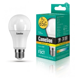 Нарушена упаковка.   Светодиодная лампа E27 9W 3000К (теплый) A60 Camelion  (12043) LED9-A60/830/E27