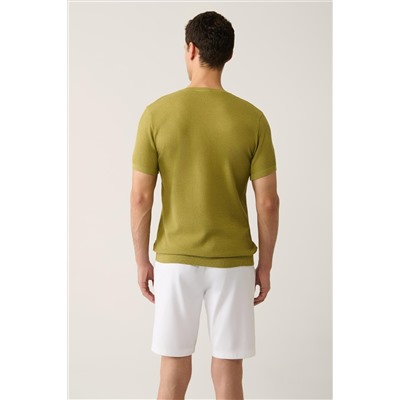 Масляно-зеленая трикотажная футболка с круглым вырезом и текстурированным хлопком обычного кроя